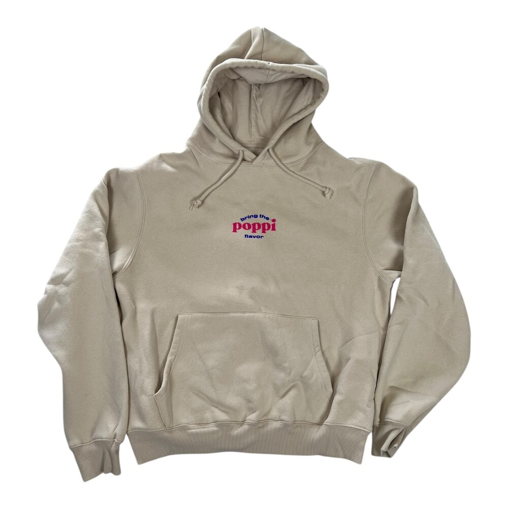 Poppi Hoodie Mens Medium Beige Soda Promo Fleece Sweatshirt "Wanna Get Juicy"